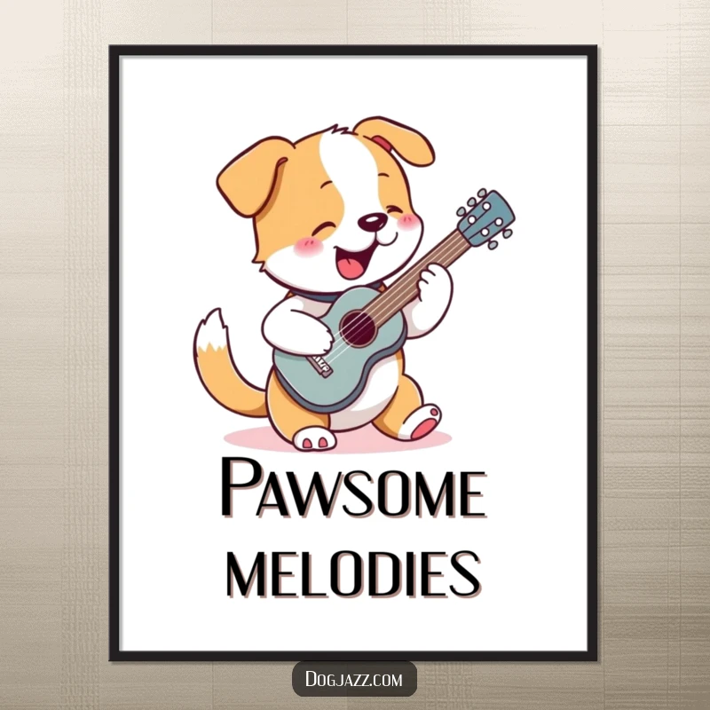 Funny digital art print of a dog enthusiastically strumming a tiny guitar, adding musical decor.