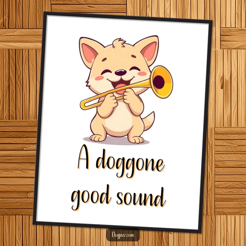 Funny Dog Trombone Player Digital Art Print: An energetic illustration of a happy dog enthusiastically playing a trombone, full of musical joy.
