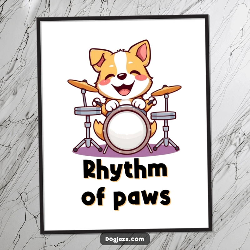 Funny dog digital art print with a happy dog joyfully pounding on a drum kit, adding vibrant musical energy.