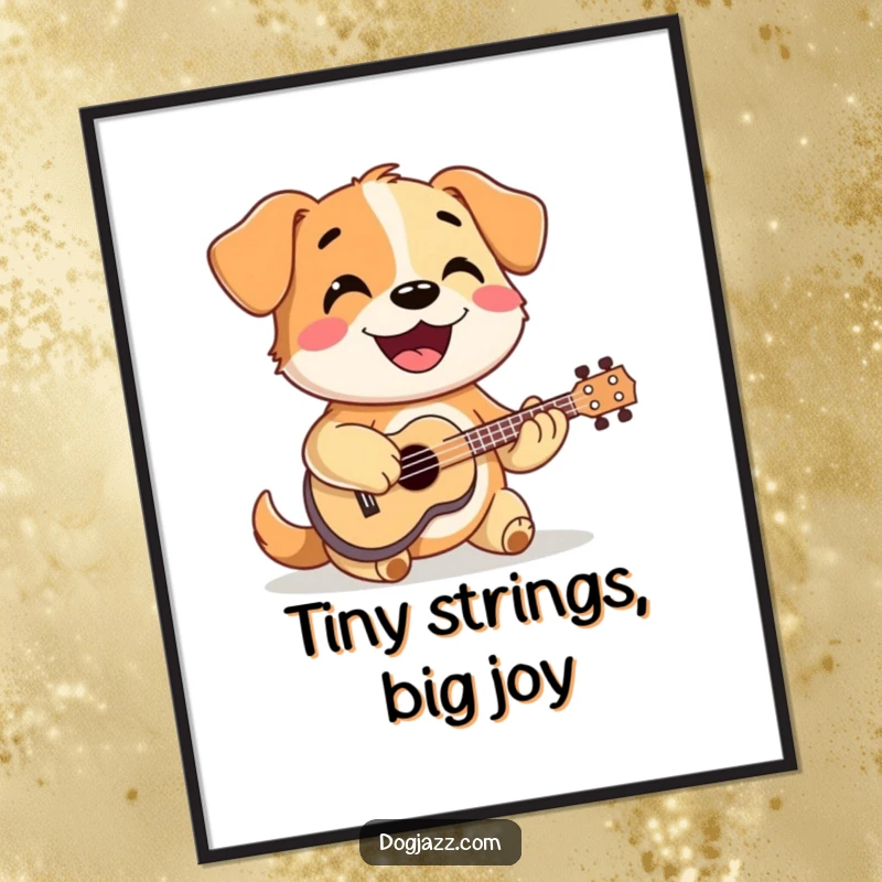 Funny dog enthusiastically strumming a tiny ukulele with a smile, a digital art print full of musical joy.