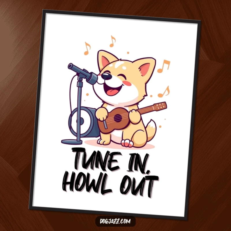 Funny Digital Art Print of a dog happily singing its heart out to a jazzy tune, embodying pure vocal joy and musical enthusiasm.