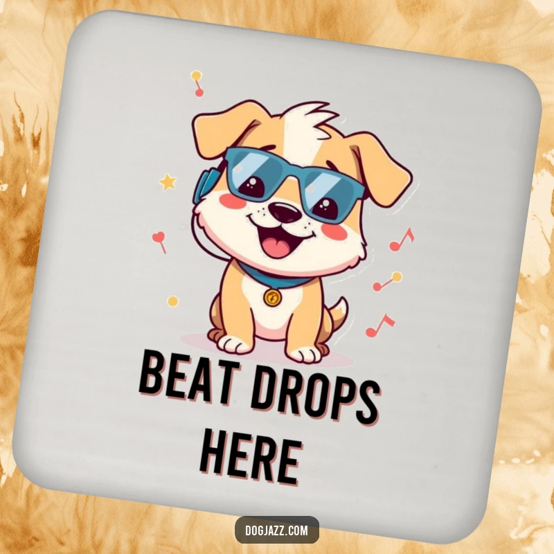 Funny dog drink coaster with a cheerful dog character bopping its head to a groovy beat, protecting surfaces with musical flair.