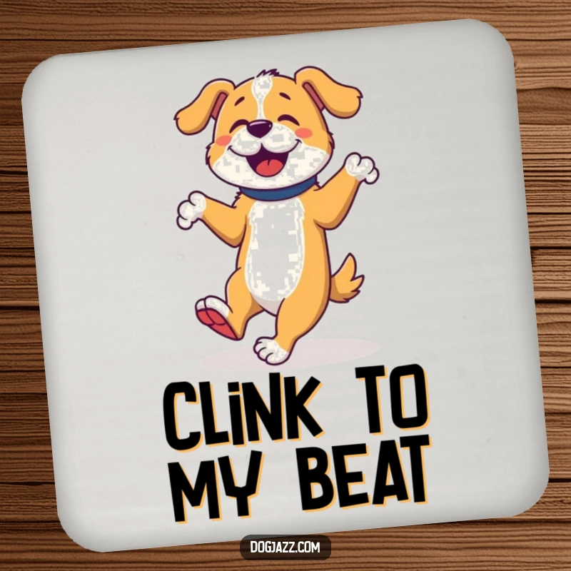 Funny Dog Tap Dancer Drink Coaster, a happy dog tap dances with rhythmic footwork, protecting surfaces.