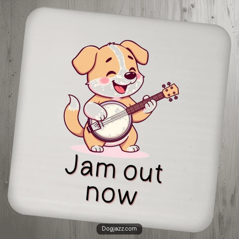 Funny drink coaster with a happy cartoon dog playing the banjo, tail wagging, for surface protection.