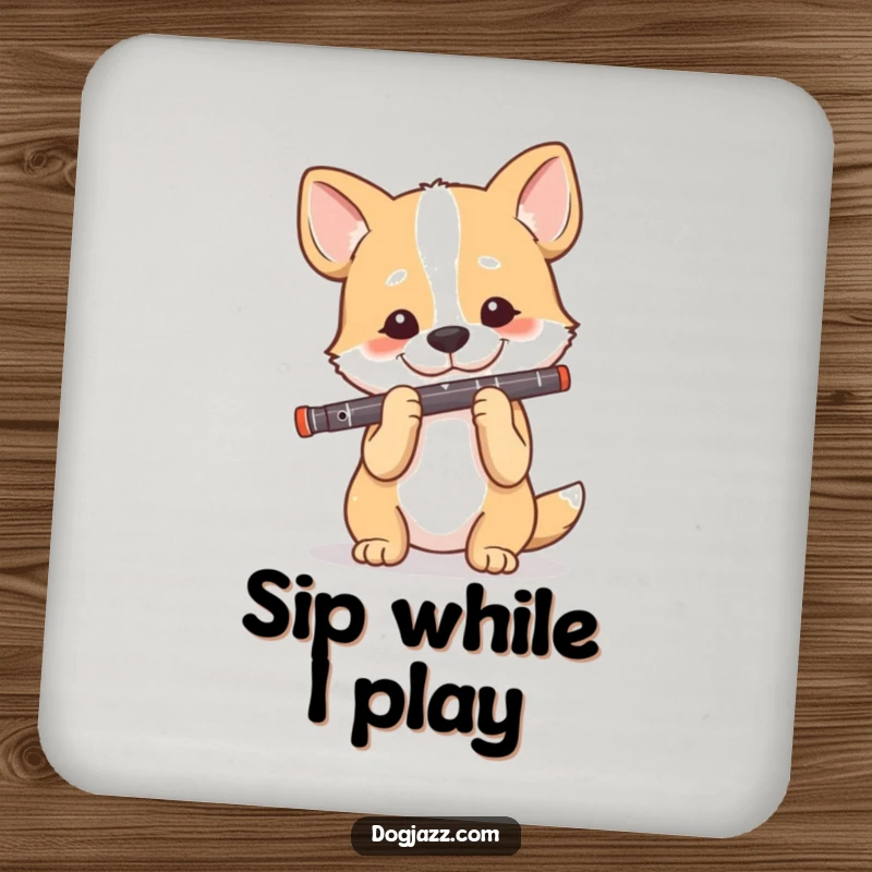 Funny Dog Clarinet Player Drink Coaster, a happy dog plays the clarinet with focus, protecting surfaces.