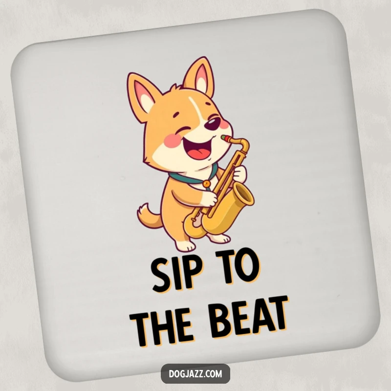 Funny drink coasters featuring a happy dog character playing a saxophone with a wide grin, practical humor.