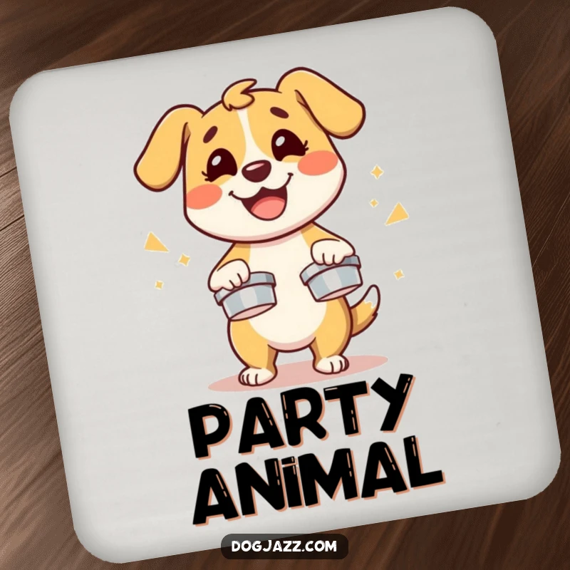 Funny dog character energetically playing cymbals with a smile, a small and humorous drink coaster.