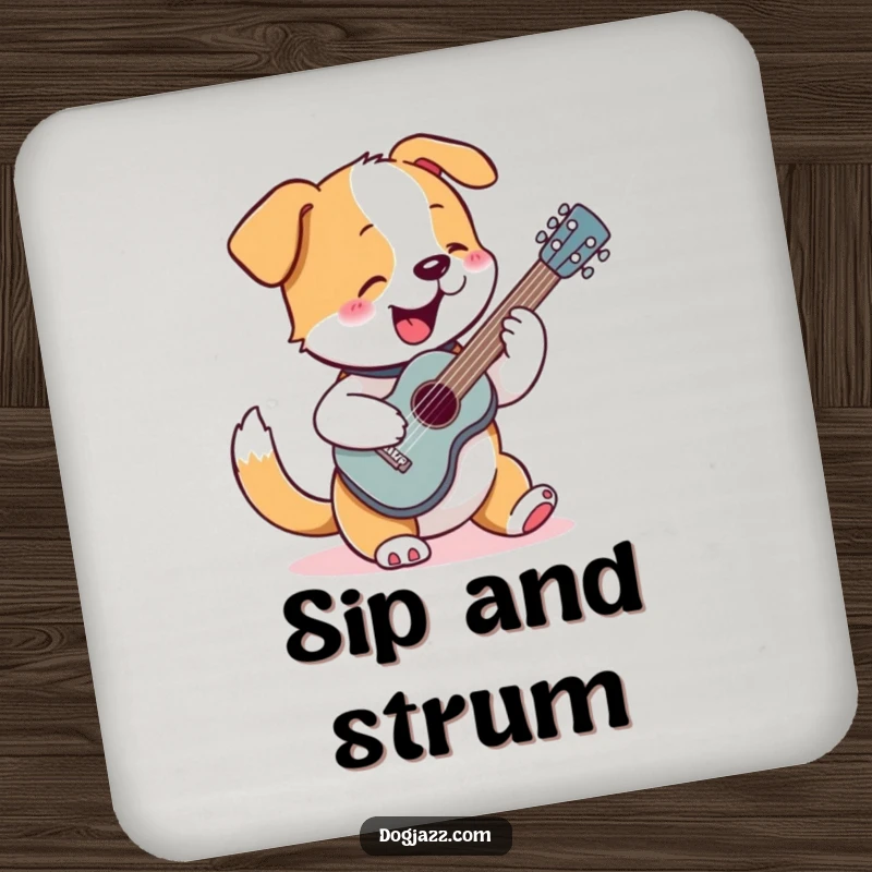 Funny drink coaster with a dog enthusiastically strumming a tiny guitar, protecting tables with musical charm.