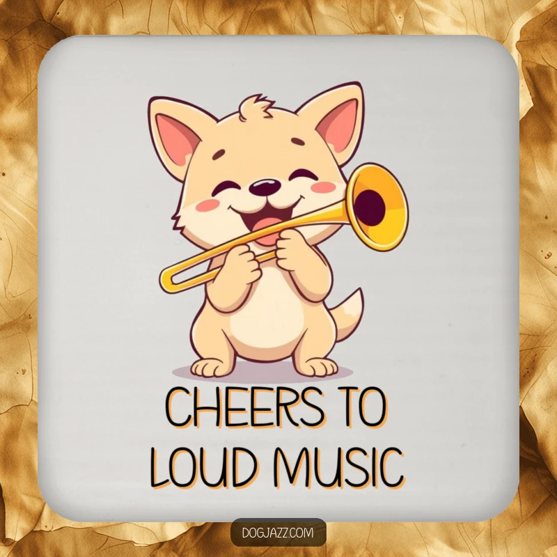 Funny Dog Trombone Player Coaster: A happy dog character energetically playing a trombone, adding musical fun to any surface.
