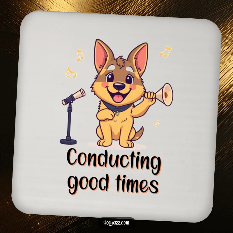 Funny German Shepherd Coaster: A set of coasters showing a smiling German Shepherd conducting, perfect for drinks.