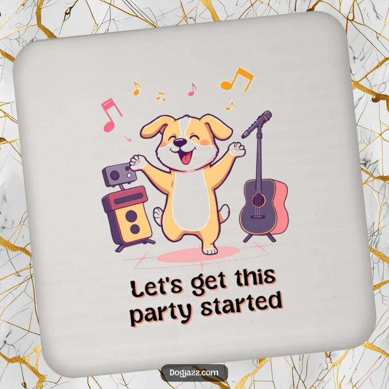 Funny dog dancing to jazz music, a humorous drink coaster.