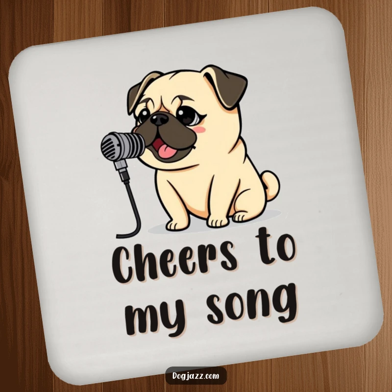 Funny Pug Rockstar Coaster depicting a pug singing into a vintage microphone, adding musical humor and surface protection.