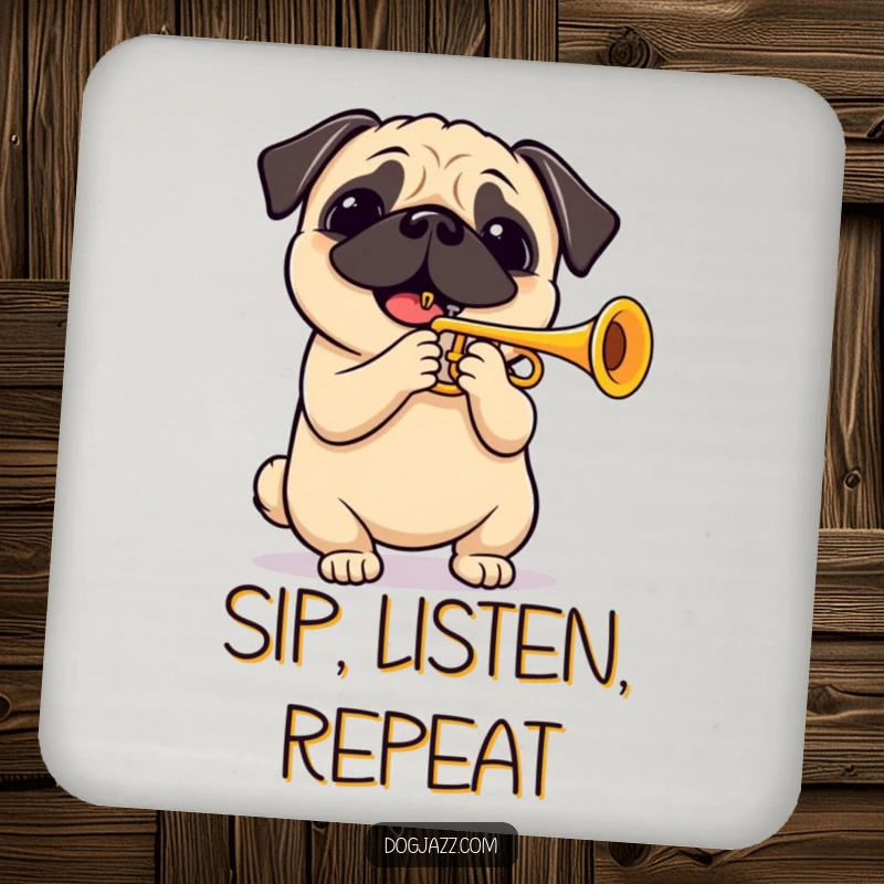 Funny pug playing a cheerful trumpet solo, a protective drink coaster for furniture. Adds a musical and humorous touch.