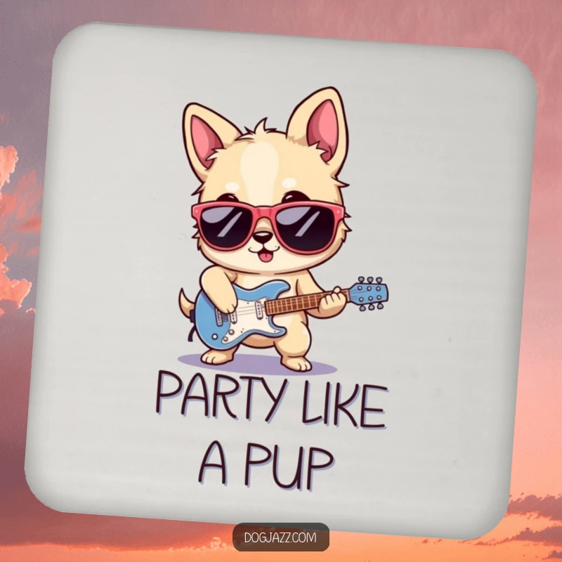 Funny rocker dog coaster, sunglasses on, playing electric guitar, ready to protect surfaces with rockstar flair.