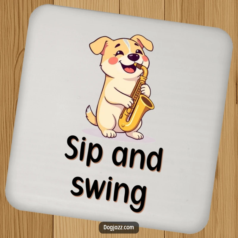 Funny Coasters: A happy dog plays a tenor saxophone with crossed paws, providing a humorous and protective touch to tabletops.