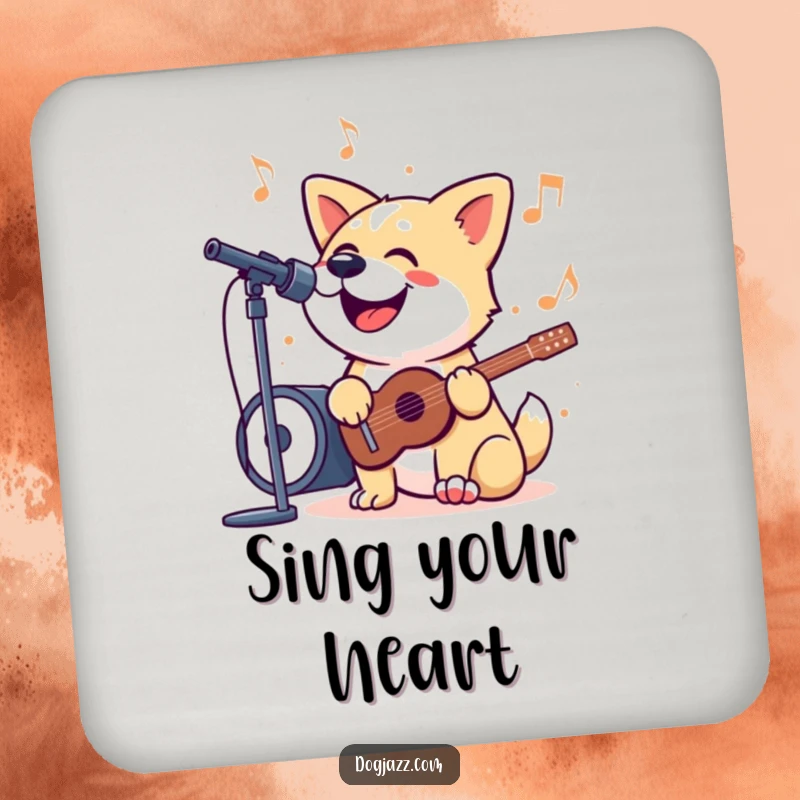 Funny Coaster showcasing a dog happily singing along to a jazzy tune, adding a cheerful and musical touch to any tabletop.