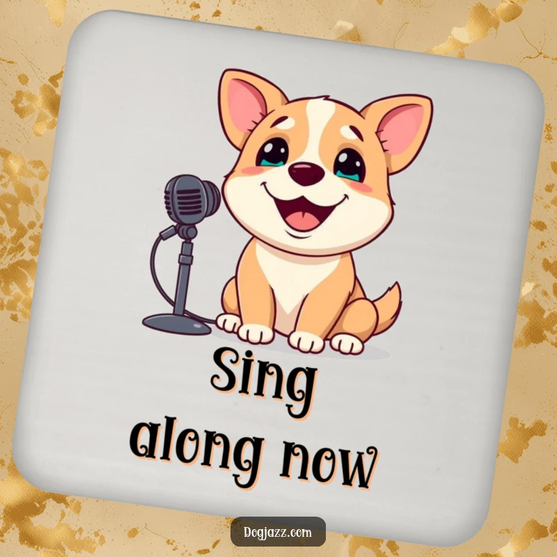 Funny Dog Coaster: A happy dog sings into a microphone, protecting surfaces with musical charm.