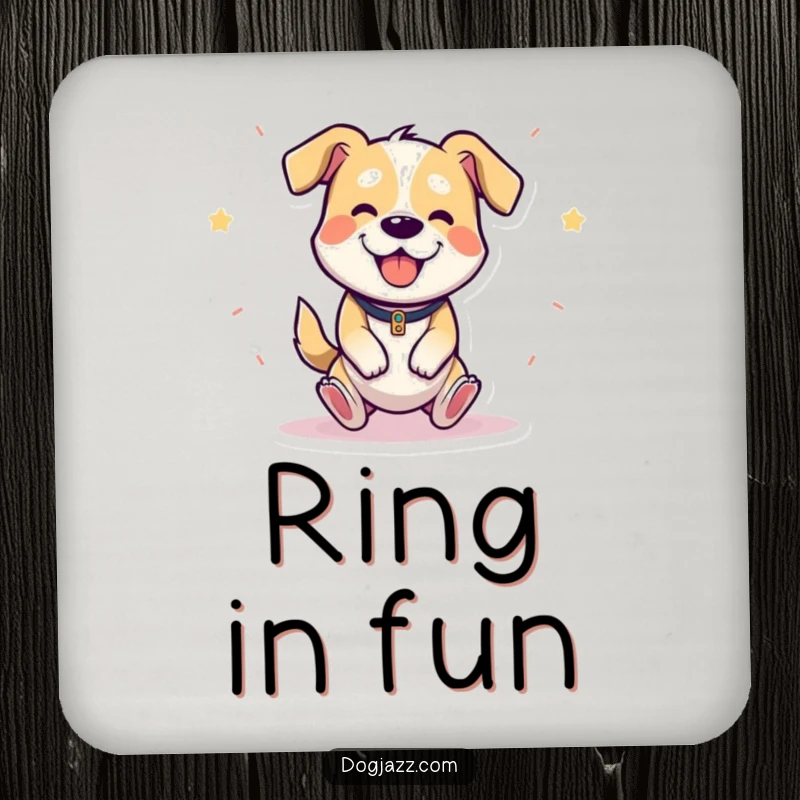 Funny drink coaster with a cheerful cartoon dog happily bouncing and playing the triangle, for surface protection.