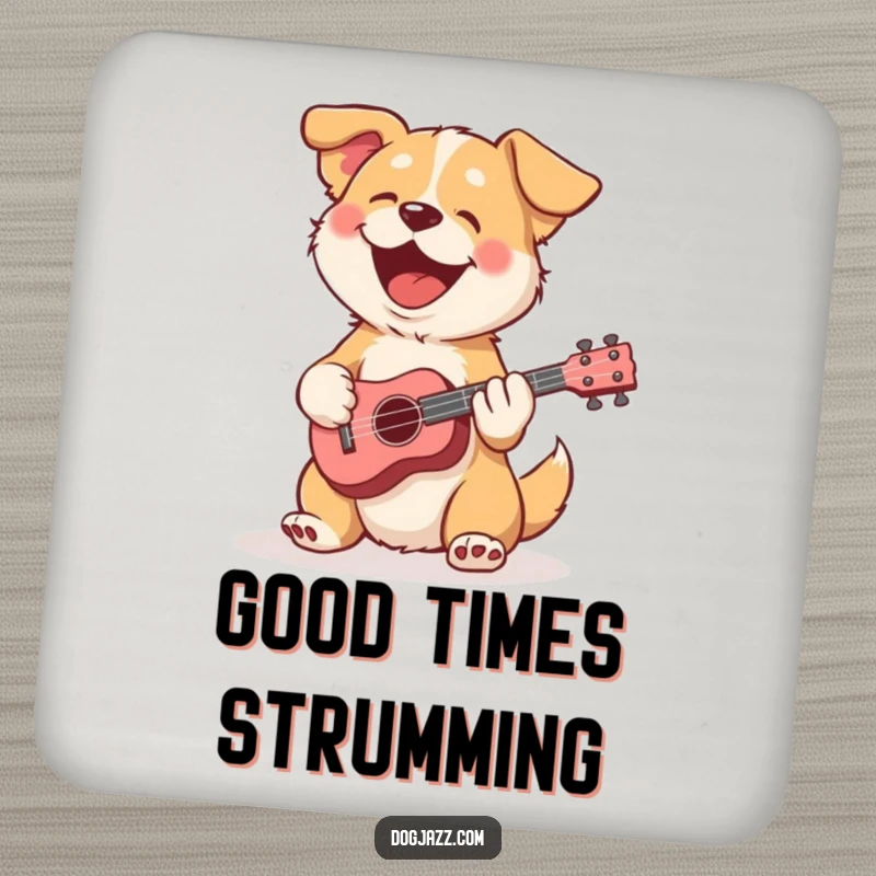 Funny dog drink coaster featuring a dog with a ukulele, adding musical charm to any surface.