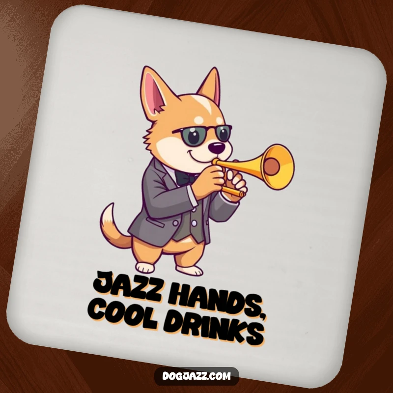 Funny dog trumpet coasters with a sophisticated dog playing jazz music, protecting surfaces with elegant flair.