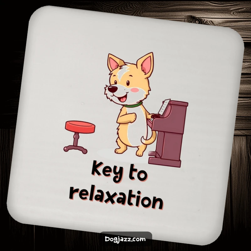 Funny terrier playing piano on drink coasters, adding charm, a great funny gift.
