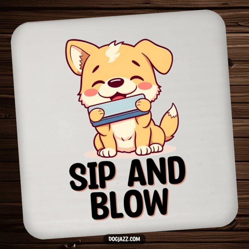 Funny dog coaster with a happy dog enthusiastically playing the harmonica with a smile, protecting surfaces with musical charm.
