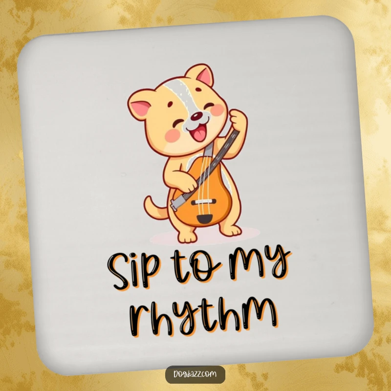 Funny Dog Bass Player Drink Coaster, a dog plays a bass guitar, protecting surfaces with musical fun.