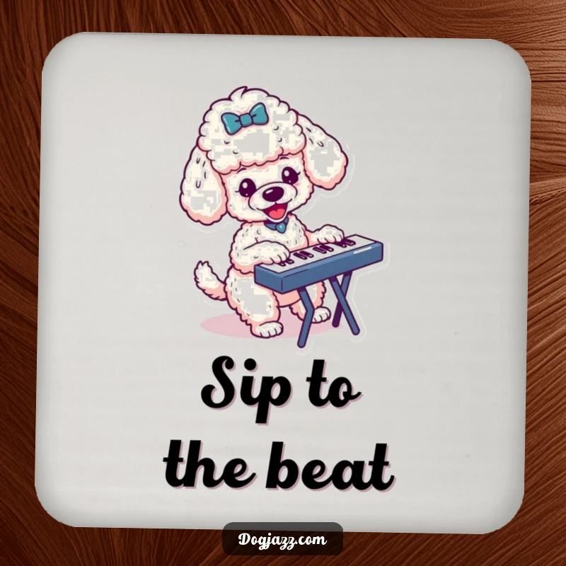Funny drink coaster featuring an energetic poodle character playing a keyboard, protecting surfaces with musical charm.