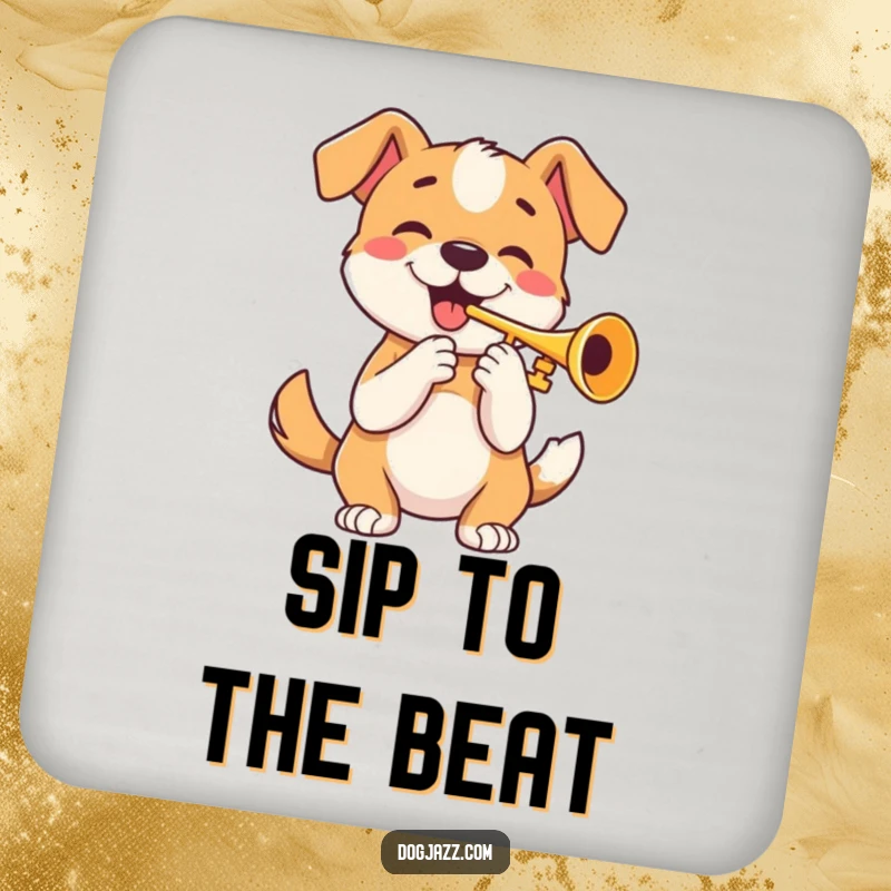 Funny drink coaster featuring a happy dog playing a trumpet with a wagging tail, a humorous addition to any table.