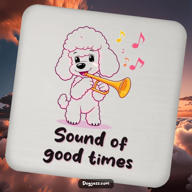 Funny poodle playing a trumpet on stylish coasters, adding elegance, a great funny gift.