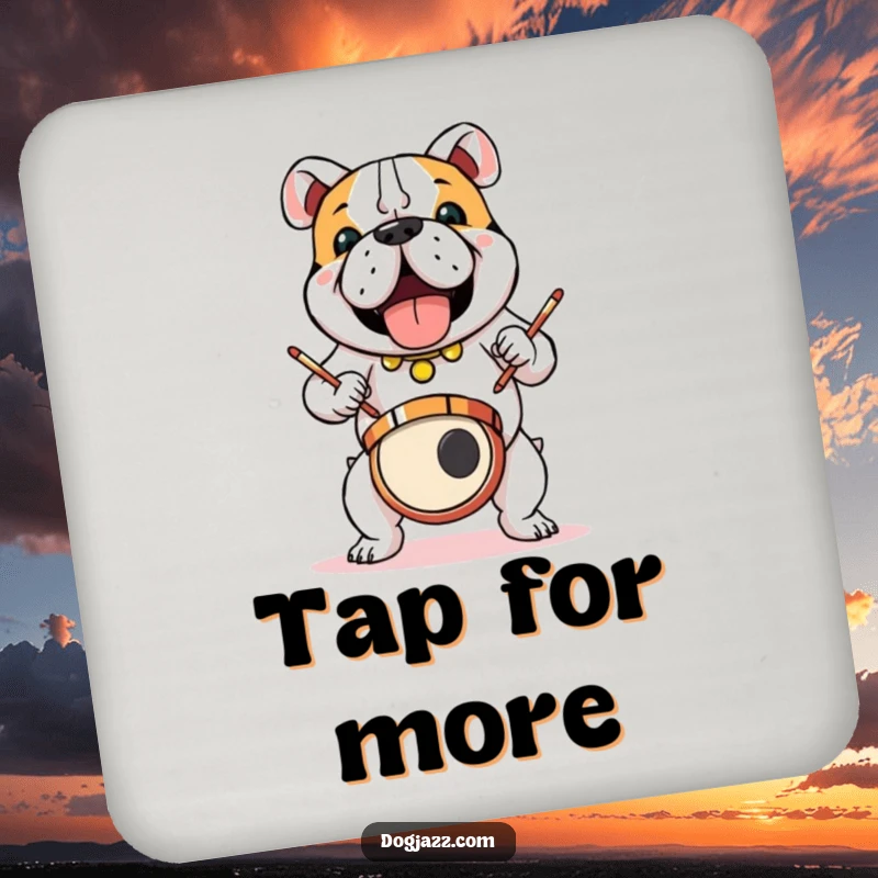 Funny bulldog drummer on drink coasters, providing cool protection, a great funny gift.