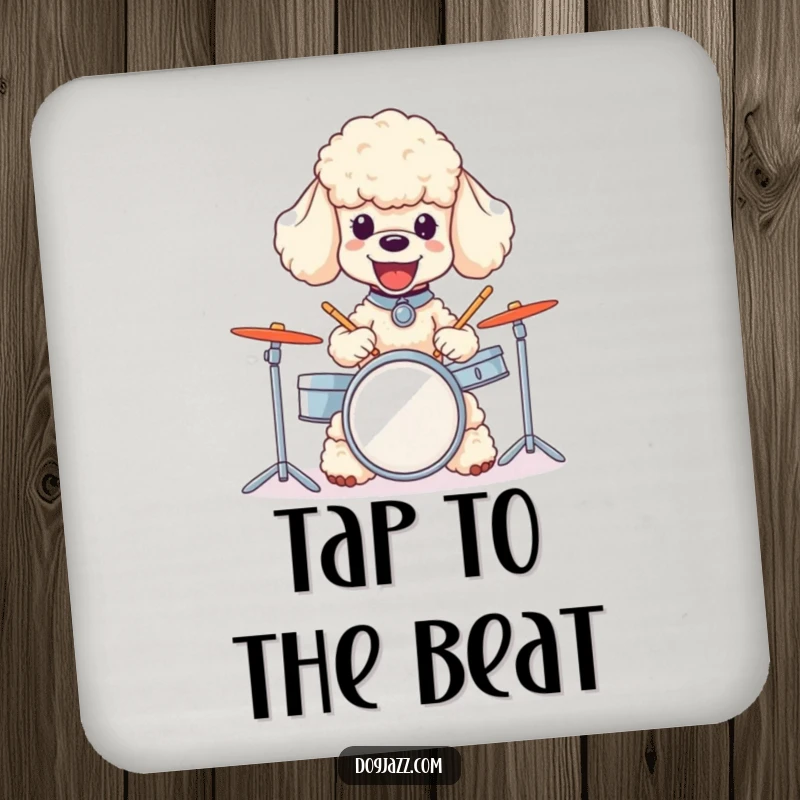 Funny poodle coaster depicting a joyful dog energetically playing a miniature drum set, protecting surfaces with style.