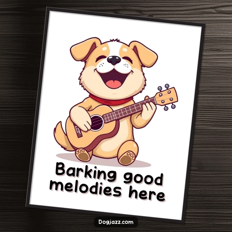 Funny dog poster art featuring a happy dog playing a ukulele, adding a humorous musical vibe to any wall.