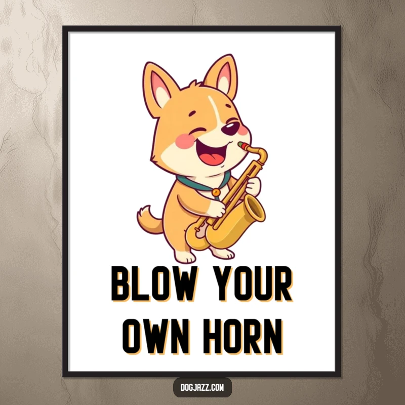 Funny poster art of a happy dog character playing a saxophone with a wide, joyful grin.