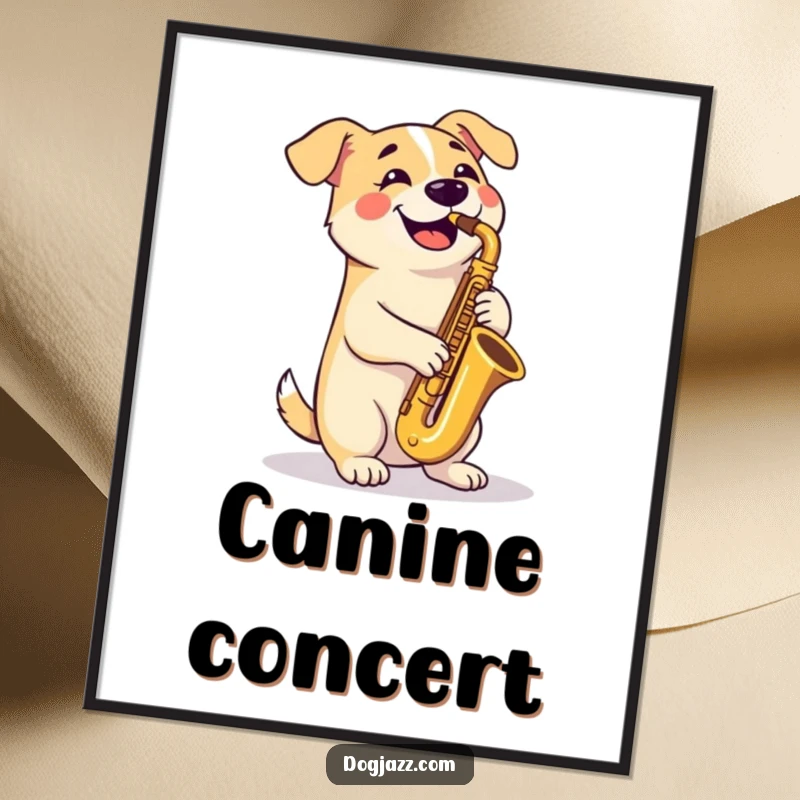 Funny Poster: A happy dog plays a tenor saxophone with crossed paws, showcasing a smooth and talented musical performance.