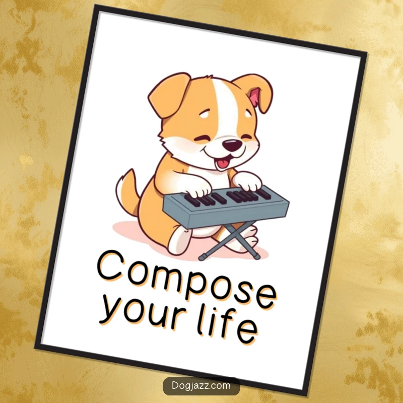 Funny poster depicting a determined cartoon dog intently typing on a computer keyboard with nimble paws.