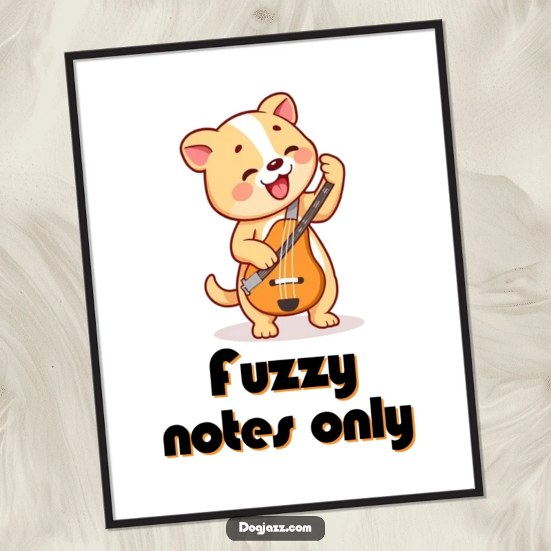 Funny Dog Bass Player Poster, a dynamic dog plays a bass guitar with a groovy, happy beat, perfect wall art.