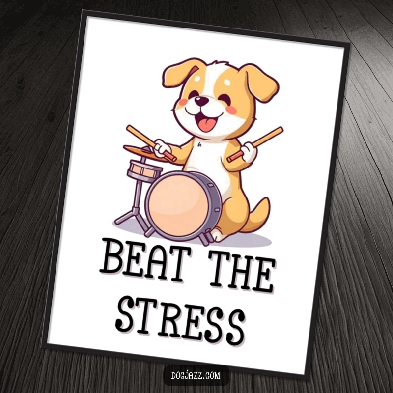 Funny dog energetically playing drums with sticks in paws, a drummer in full swing on a vibrant poster.