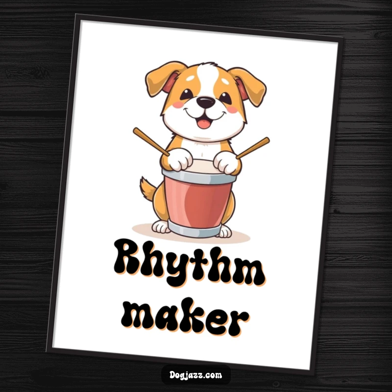 Funny Dog Poster: A dog is depicted mid-drum solo, paws tapping energetically, bringing a joyful, musical vibe to the room.