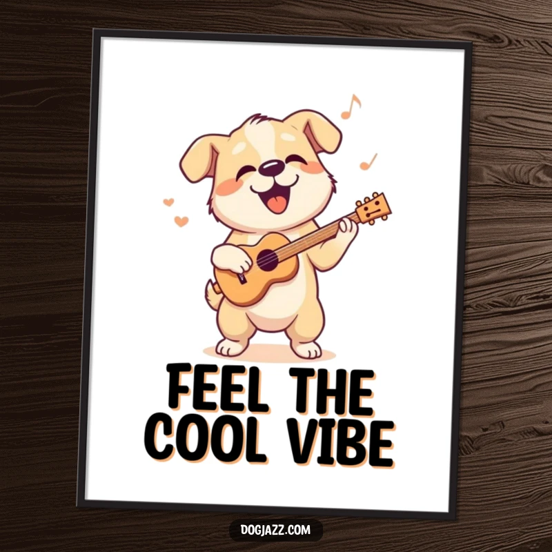 Funny poster art of a dog character bopping its head to a cool jazz rhythm, embodying musical coolness.