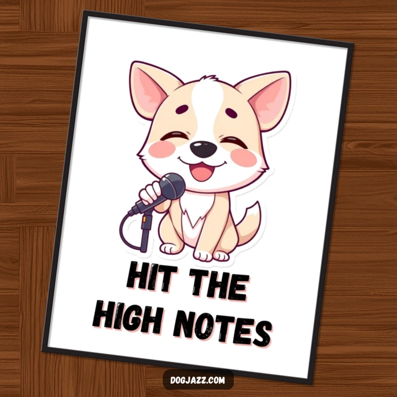 Funny dog crooning into a microphone with closed eyes, a starry-eyed singer captured on a poster.