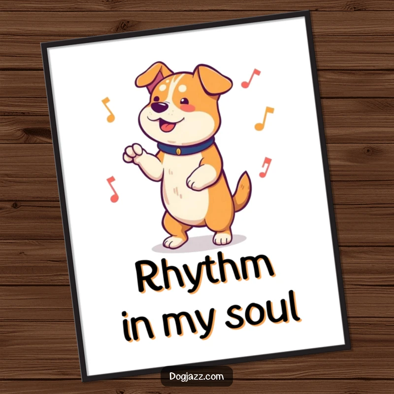 Funny Poster featuring a charismatic dog enthusiastically tapping its paws to an unseen lively beat, capturing a moment of pure musical bliss.