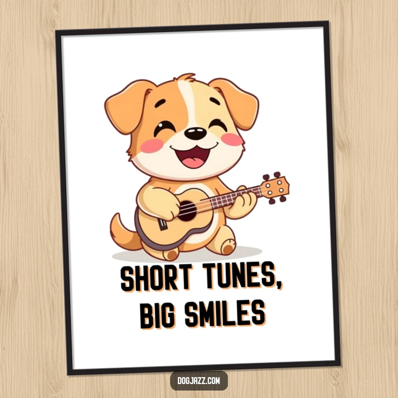 Funny dog joyfully strumming a ukulele with a huge smile, an image of pure happiness on a poster.