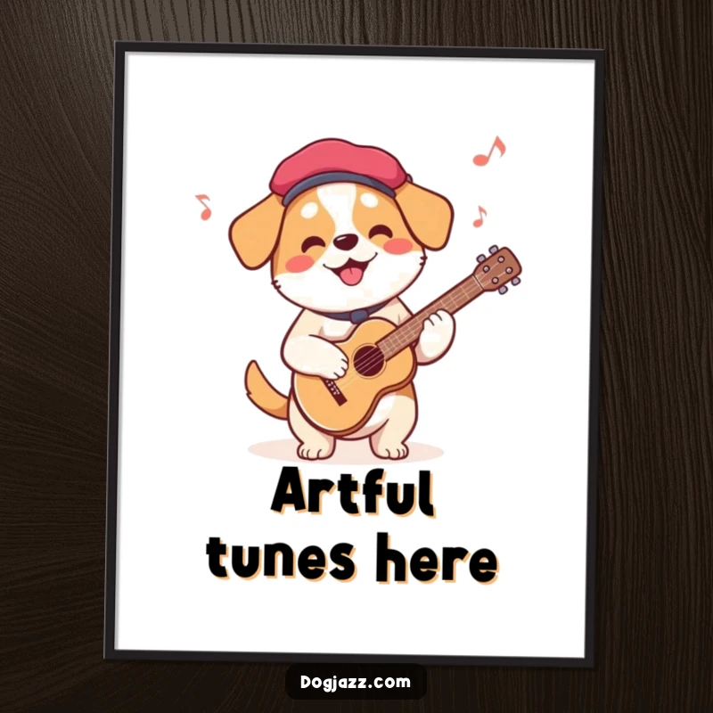 Funny French Dog Guitar Poster showing a dog in a beret playing guitar, adding artistic charm and humor to walls.