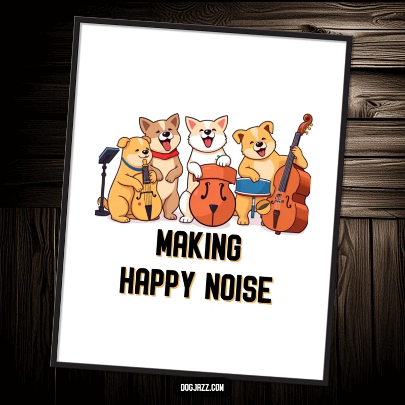 Funny dogs playing jazz instruments harmoniously, cool wall art poster for music lovers.