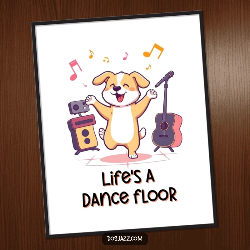 Funny dog energetically dancing to jazz music. Humorous poster art for music fans.