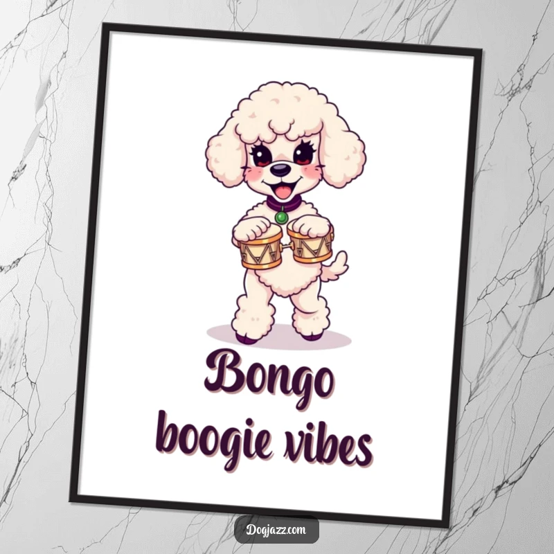 Funny poodle poster featuring a poodle energetically dancing and playing tiny bongos, capturing a moment of pure musical joy.