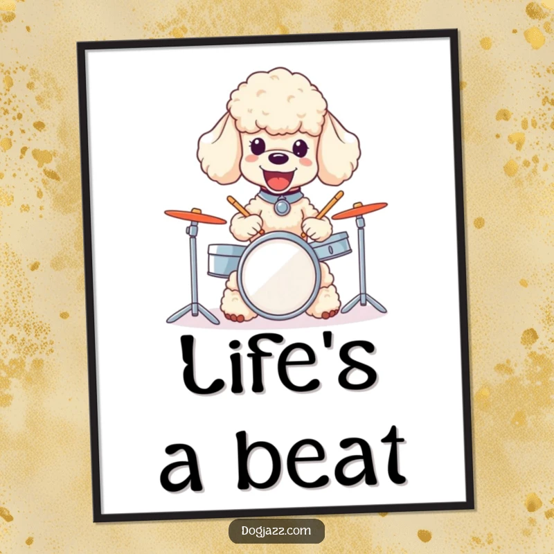 Funny poodle poster illustrating a joyful dog energetically playing a miniature drum set with a delighted look.