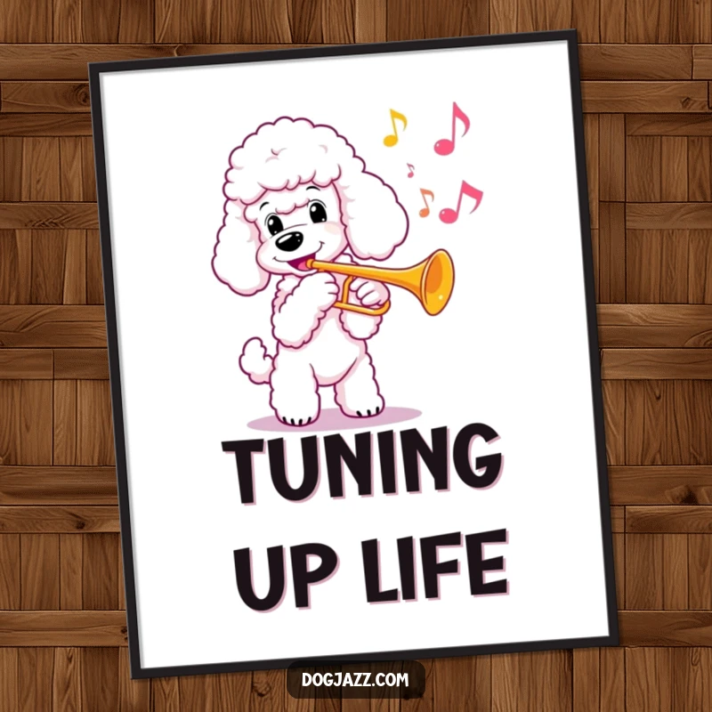 Funny poodle playing a trumpet with dazzling musical notes, elegant wall art, a perfect funny gift poster.
