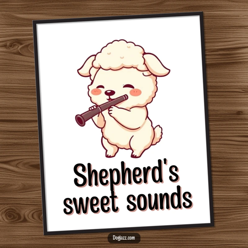 Funny poster art of a joyful sheepdog character playing a clarinet with enthusiasm, capturing the essence of a musical performance.
